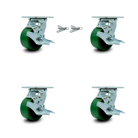 Service Caster 4 Inch Green Poly on Steel Caster Set with Roller Bearings 4 Brake 2 Swivel Lock SCC-30CS420-PUR-GB-TLB-BSL-2-TLB-2